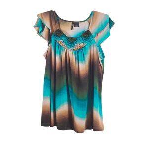 New Directions Woman 1X Brown & Teal Blouse | Smocking detail, Cap Sleeve